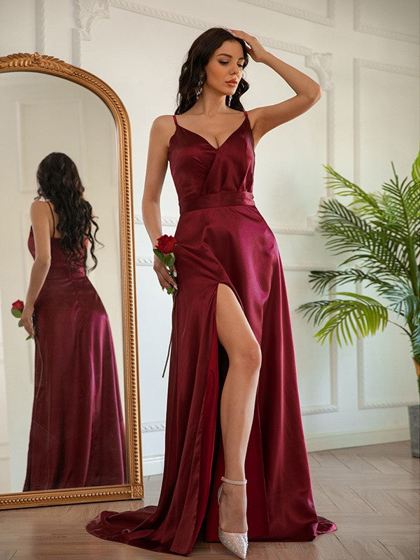 Satin Ruched V-neck Sleeveless Sweep/Brush Train Dresses