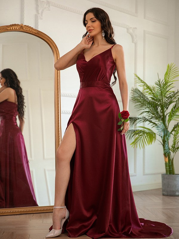 Satin Ruched V-neck Sleeveless Sweep/Brush Train Dresses