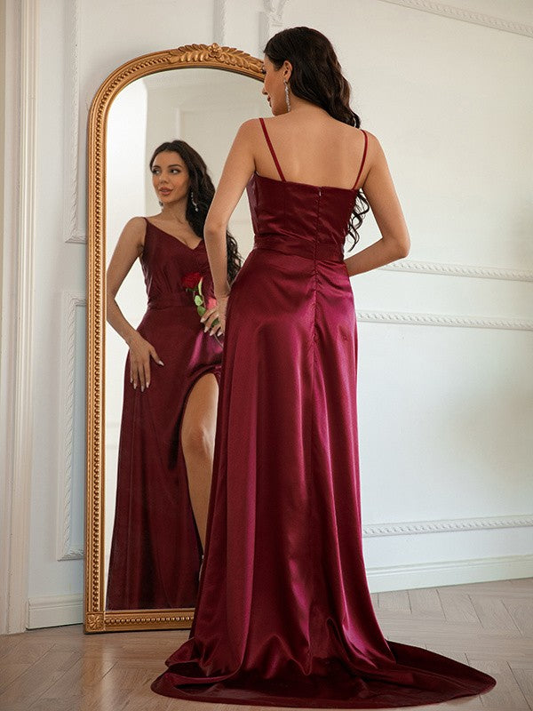 Satin Ruched V-neck Sleeveless Sweep/Brush Train Dresses