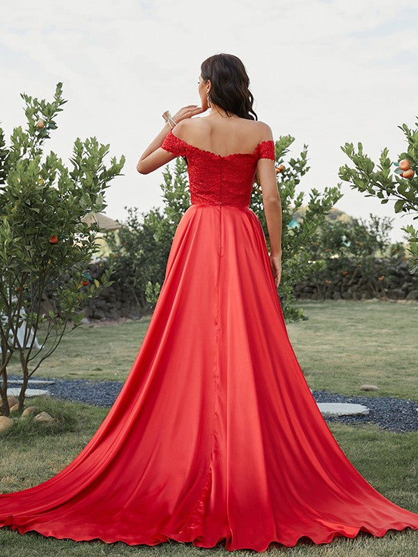 Satin Applique Off-the-Shoulder Sleeveless Sweep/Brush Train Two Piece Dresses