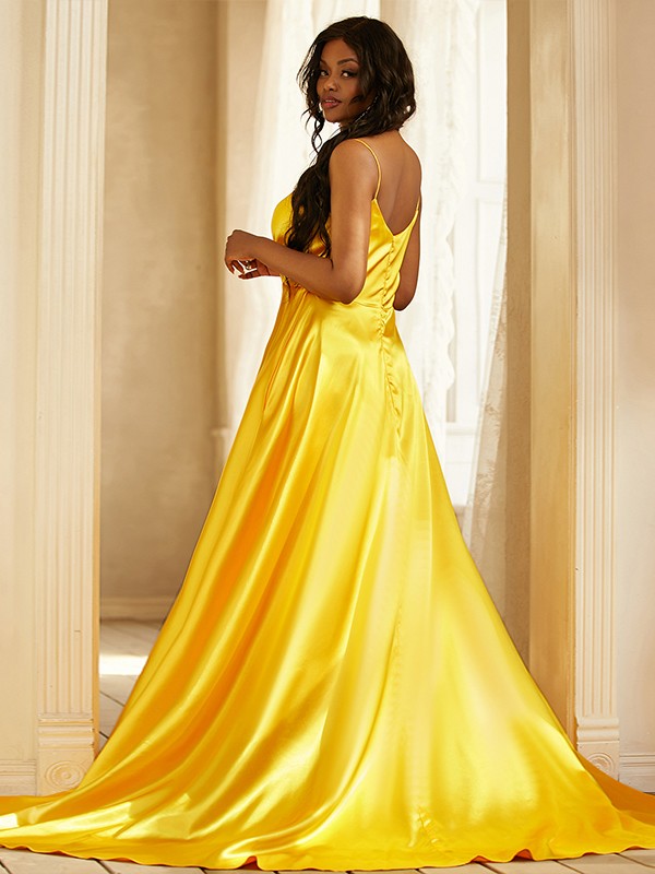 Satin Ruched V-neck Sleeveless Sweep/Brush Train Dresses