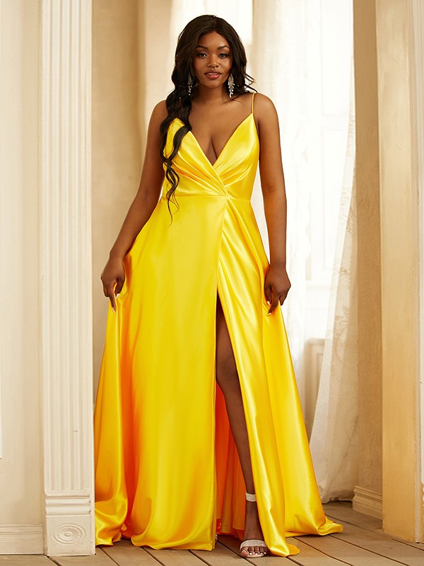 Satin Ruched V-neck Sleeveless Sweep/Brush Train Dresses