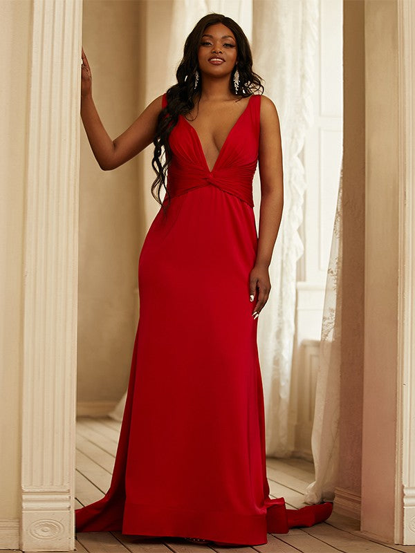 Satin Ruched V-neck Sleeveless Sweep/Brush Train Dresses