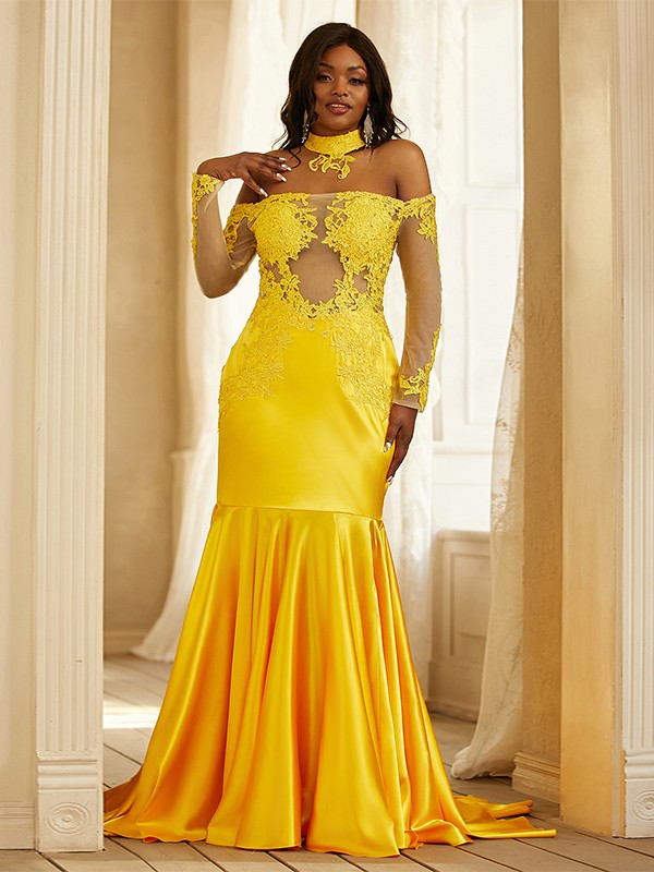 Woven Satin Applique Off-the-Shoulder Long Sleeves Sweep/Brush Train Dresses