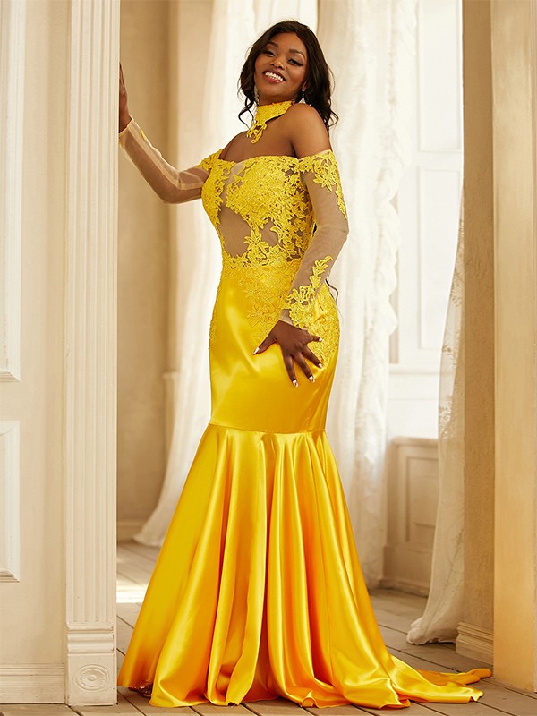 Woven Satin Applique Off-the-Shoulder Long Sleeves Sweep/Brush Train Dresses