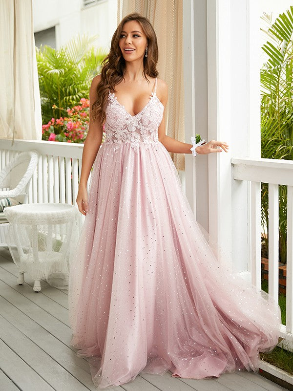 Applique V-neck Sleeveless Sweep/Brush Train Dresses