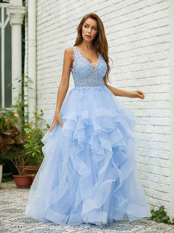 Tulle Lace V-neck Sleeveless Floor-Length Dresses