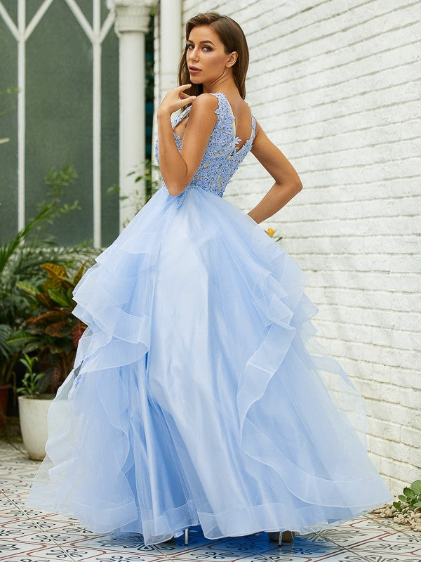 Tulle Lace V-neck Sleeveless Floor-Length Dresses