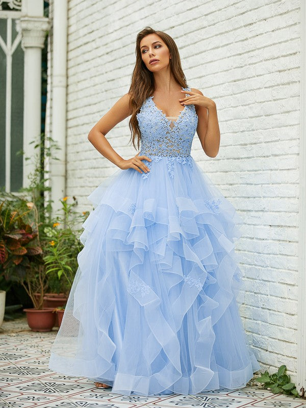 Tulle Lace V-neck Sleeveless Floor-Length Dresses