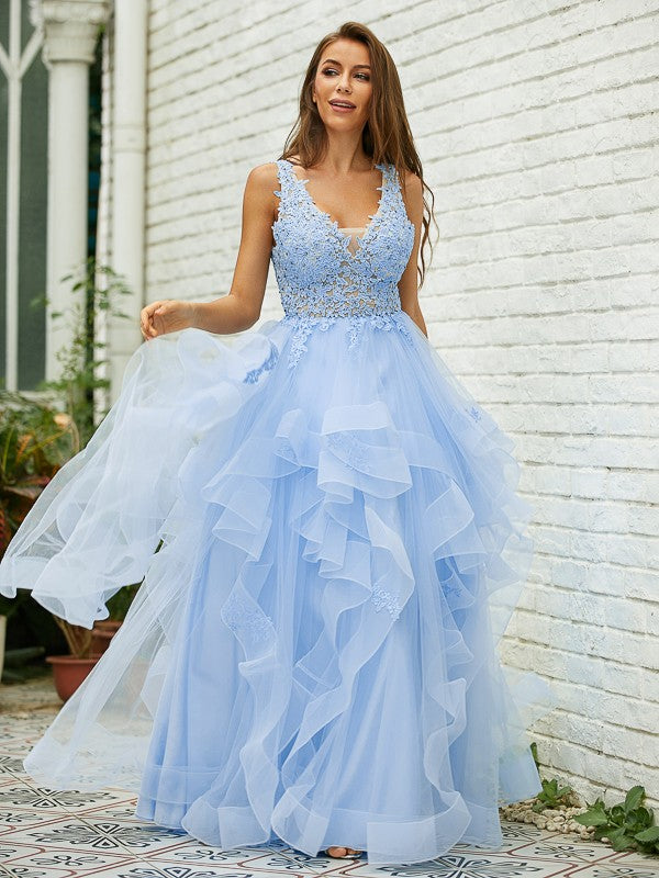 Tulle Lace V-neck Sleeveless Floor-Length Dresses