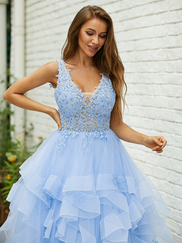 Tulle Lace V-neck Sleeveless Floor-Length Dresses