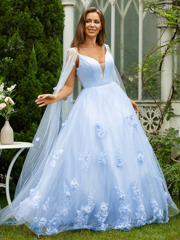 Tulle Applique V-neck Sleeveless Sweep/Brush Train Dresses