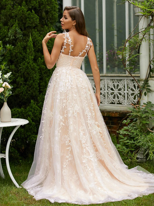 Tulle Lace V-neck Sleeveless Sweep/Brush Train Dresses