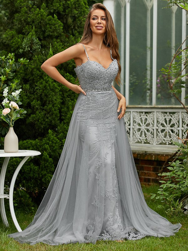 Tulle Lace V-neck Sleeveless Sweep/Brush Train Dresses