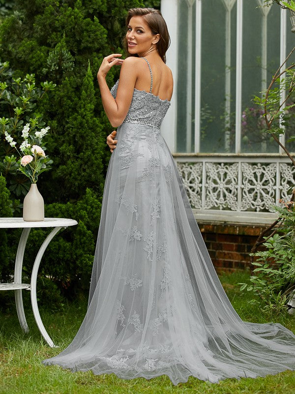 Tulle Lace V-neck Sleeveless Sweep/Brush Train Dresses