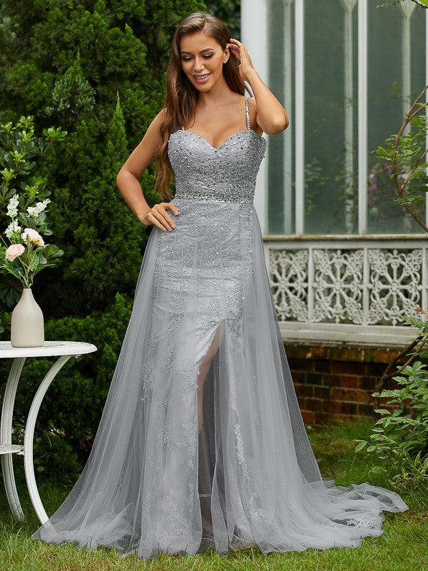 Tulle Lace V-neck Sleeveless Sweep/Brush Train Dresses