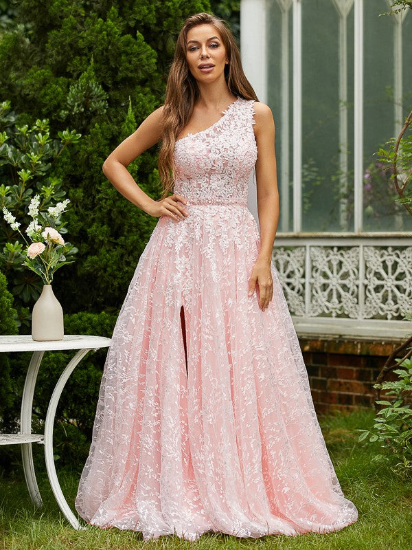 A-Line Lace Ruffles One-Shoulder Sleeveless Sweep/Brush Train Dresses