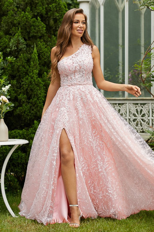 A-Line Lace Ruffles One-Shoulder Sleeveless Sweep/Brush Train Dresses