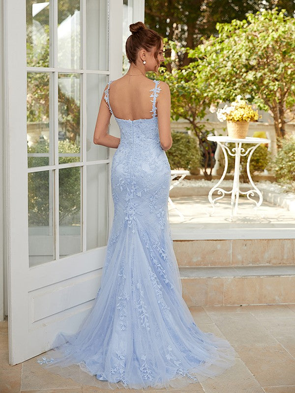 Tulle Applique V-neck Sleeveless Sweep/Brush Train Dresses
