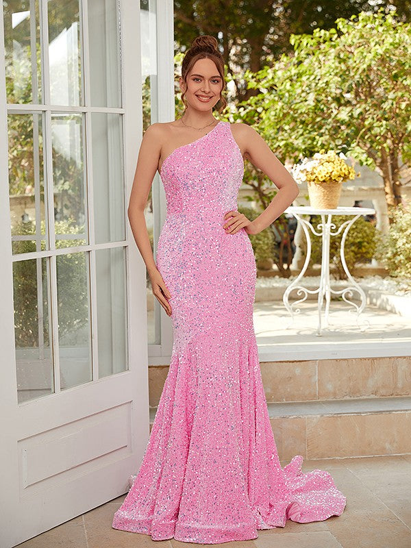 Velvet Sequins Ruched One-Shoulder Sleeveless Sweep/Brush Train Dresses