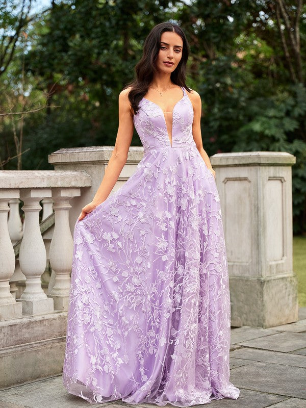 Lace V-neck Sleeveless Sweep/Brush Train Dresses