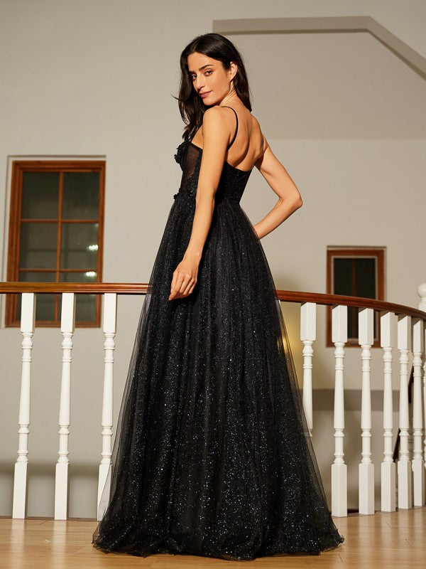A-Line Applique Spaghetti Straps Sleeveless Floor-Length Dresses