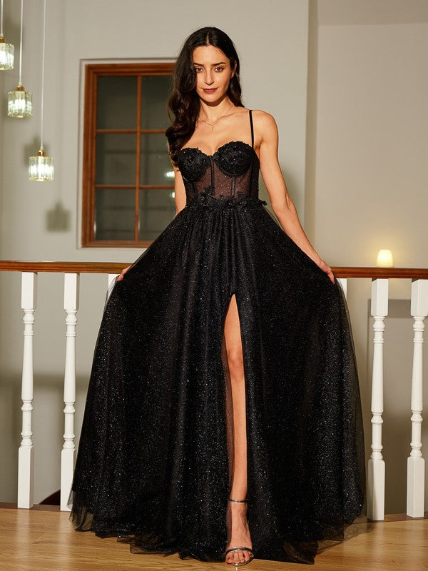 A-Line Applique Spaghetti Straps Sleeveless Floor-Length Dresses