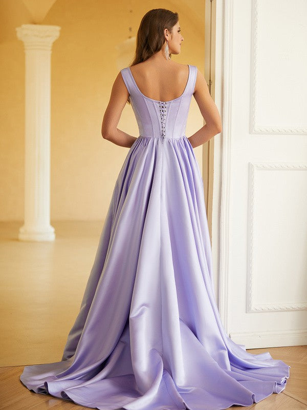 Satin Ruffles Straps Sleeveless Sweep/Brush Train Dresses