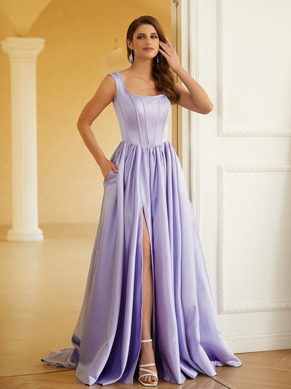 Satin Ruffles Straps Sleeveless Sweep/Brush Train Dresses