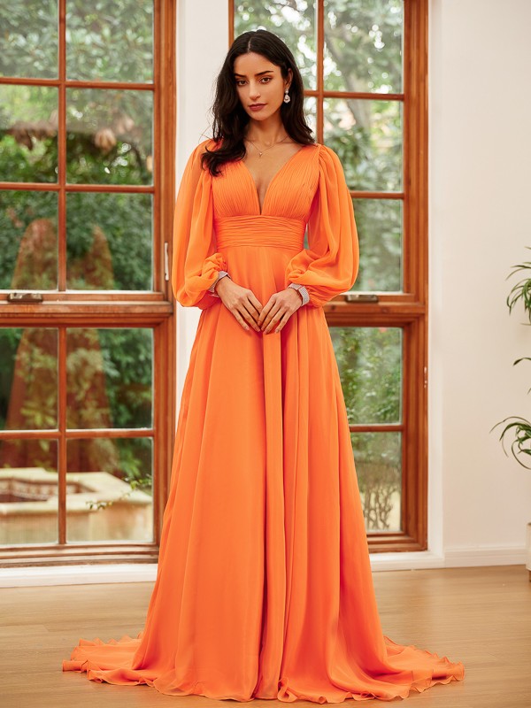 Chiffon Ruffles V-neck Long Sleeves Sweep/Brush Train Dresses