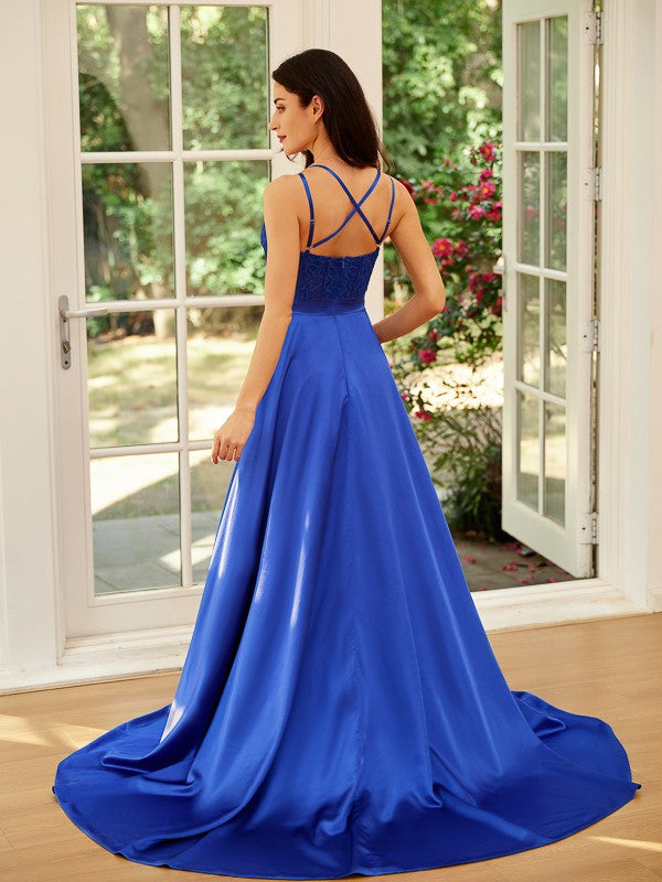Silk like Satin Straps Sleeveless Sweep/Brush Train Dresses