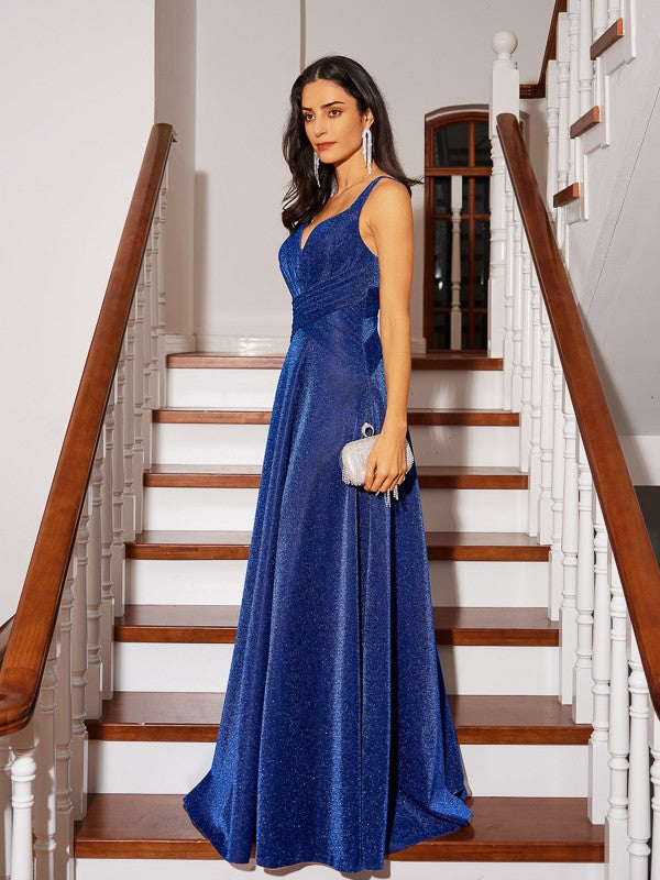Ruched V-neck Sleeveless Floor-Length Dresses