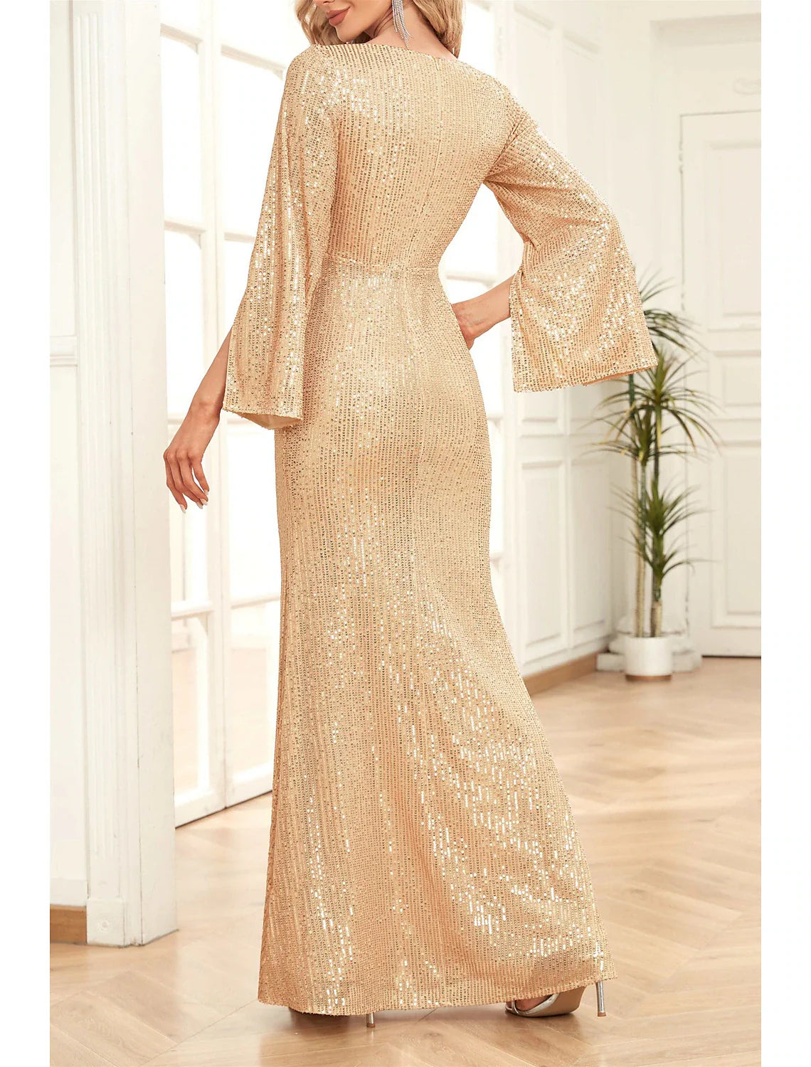 Mermaid / Trumpet Mother of the Bride Dress Wedding Guest Party Sparkle & Shine Scoop Neck V Neck Floor Length Sequined 3/4 Length Sleeve