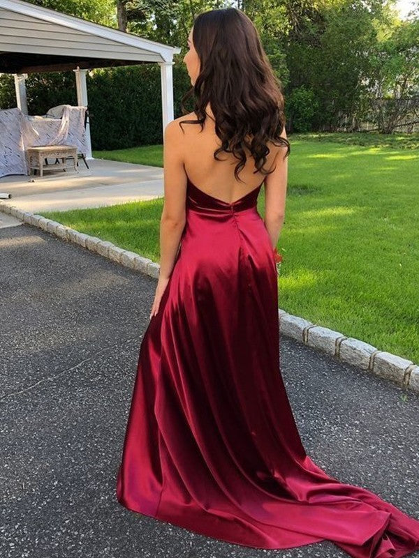 Sleeveless Halter Sweep/Brush Train Ruffles Silk like Satin Dresses