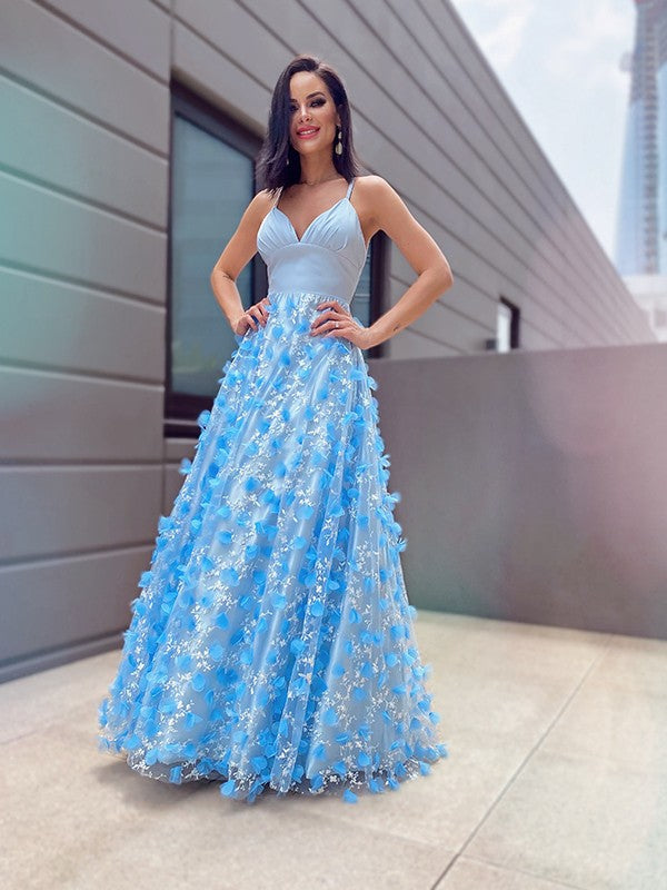 V-neck Tulle Applique Floor-Length Sleeveless Dresses