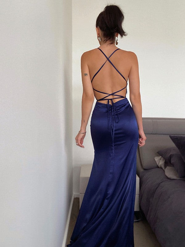 Satin Ruched Sleeveless Halter Sweep/Brush Train Dresses