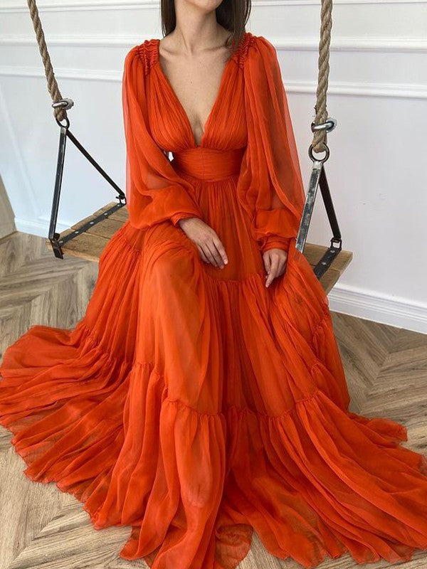 A-Line Brush Train V-neck Long Sleeves Chiffon Ruffles Dresses