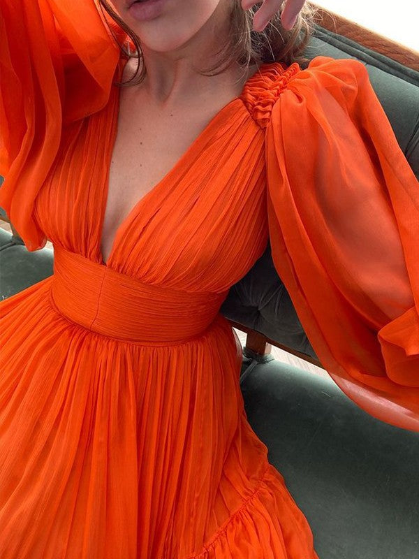 A-Line Brush Train V-neck Long Sleeves Chiffon Ruffles Dresses