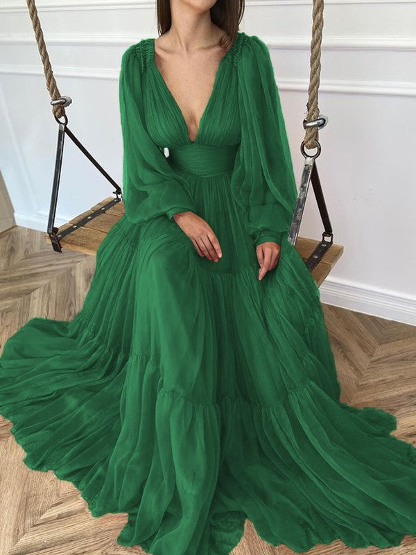 A-Line Brush Train V-neck Long Sleeves Chiffon Ruffles Dresses