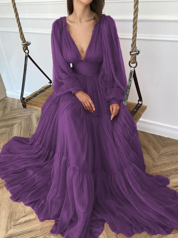 A-Line Brush Train V-neck Long Sleeves Chiffon Ruffles Dresses