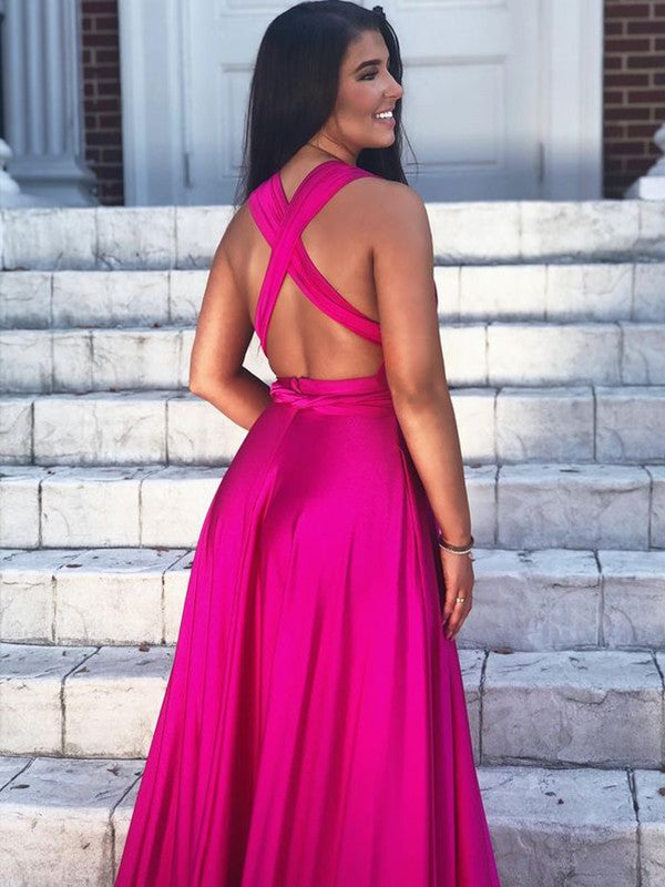 Train V-neck Sleeveless Silk Like Satin Ruffles Dresses