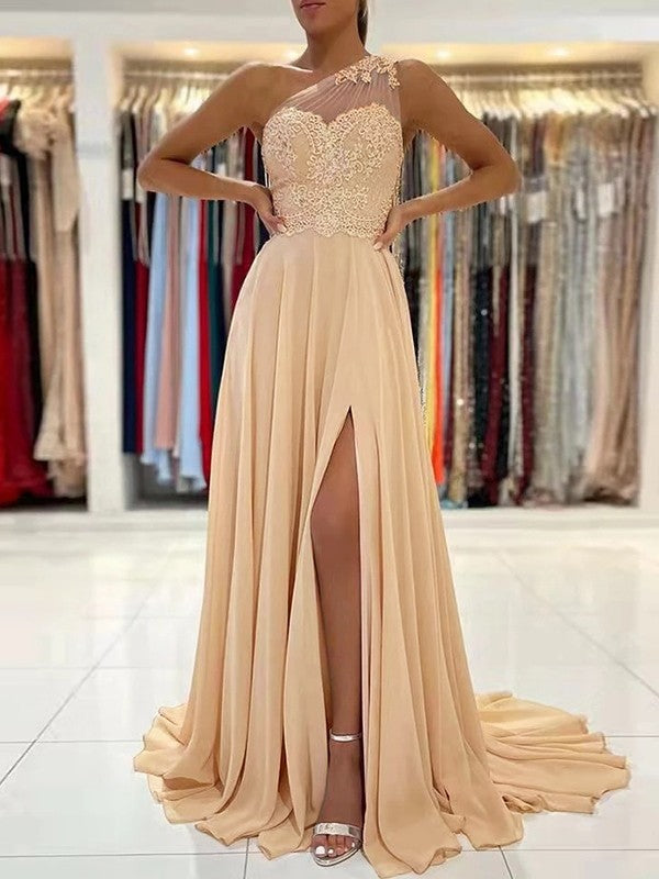 A-Line Chiffon Lace One-Shoulder Sleeveless Sweep/Brush Train Dresses