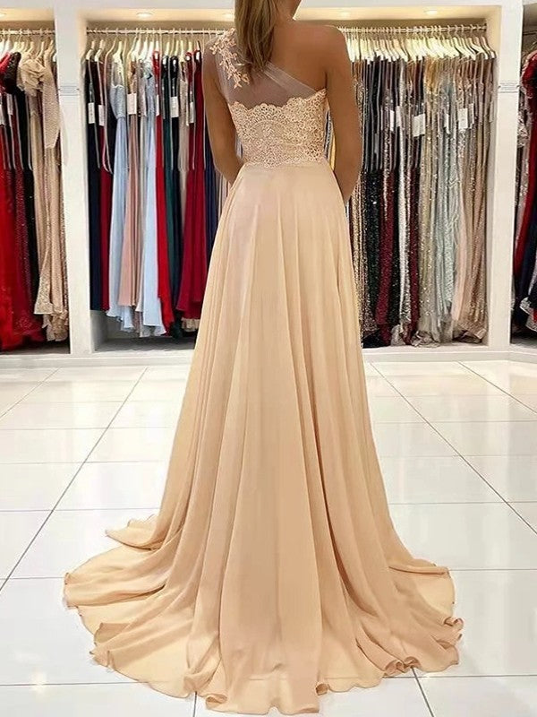 A-Line Chiffon Lace One-Shoulder Sleeveless Sweep/Brush Train Dresses