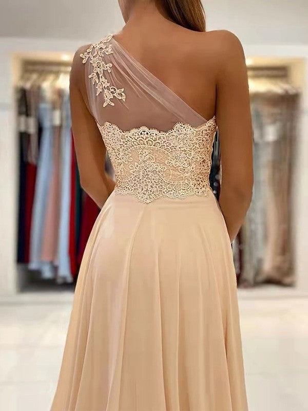 A-Line Chiffon Lace One-Shoulder Sleeveless Sweep/Brush Train Dresses