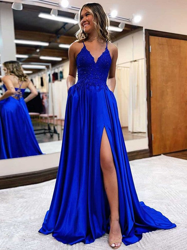 Woven Satin Applique V-neck Sleeveless Sweep/Brush Train Dresses