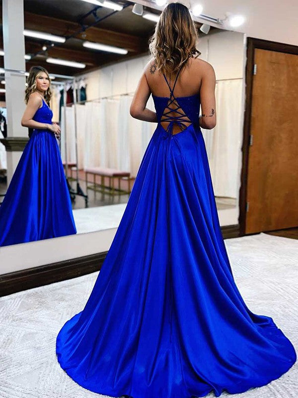 Woven Satin Applique V-neck Sleeveless Sweep/Brush Train Dresses