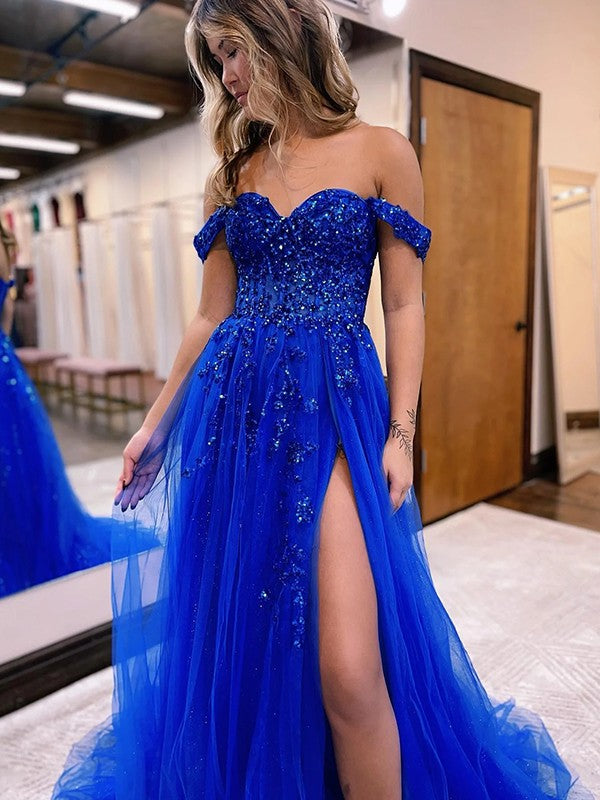 A-Line Tulle Applique Off-the-Shoulder Sleeveless Sweep/Brush Train Dresses