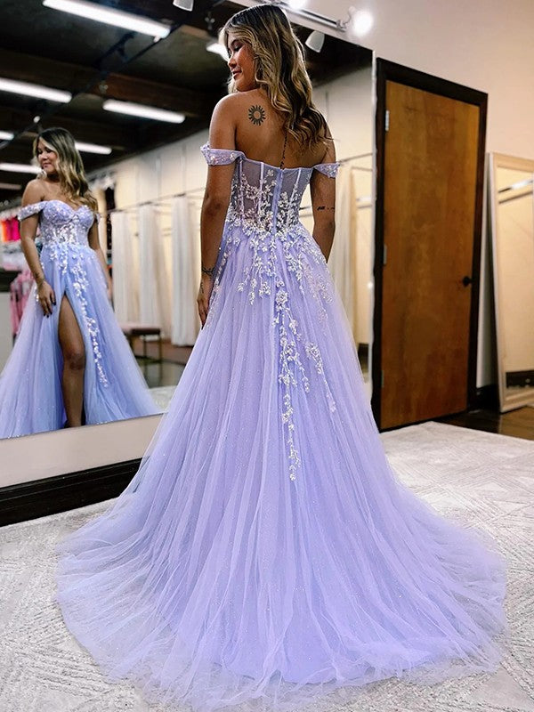 A-Line Tulle Applique Off-the-Shoulder Sleeveless Sweep/Brush Train Dresses