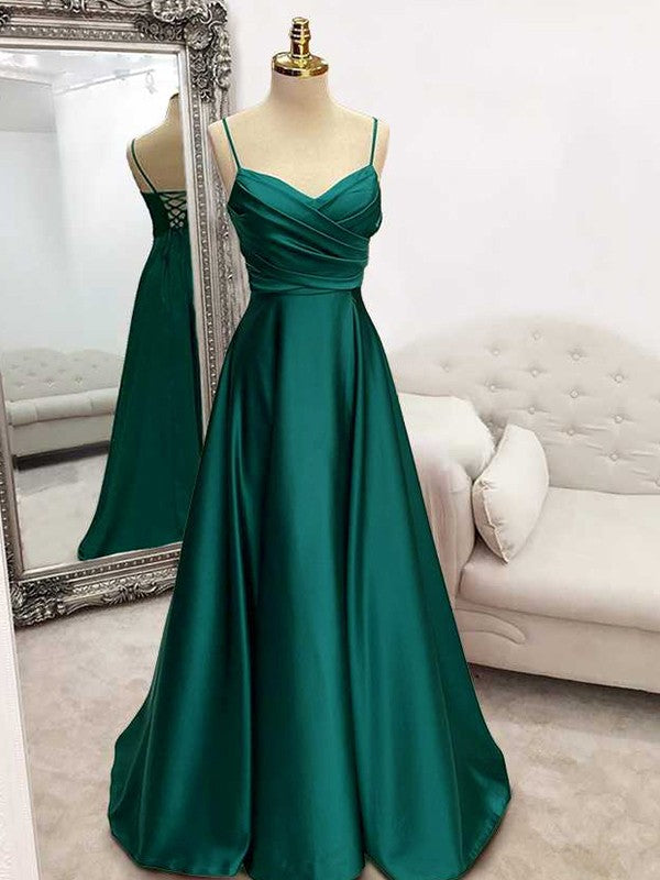 A-Line Satin Ruffles V-neck Sleeveless Sweep/Brush Train Dresses