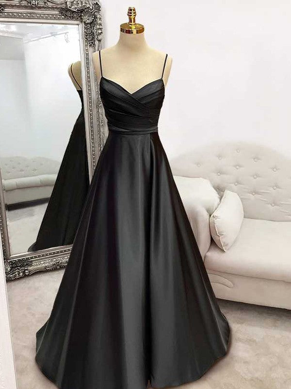 A-Line Satin Ruffles V-neck Sleeveless Sweep/Brush Train Dresses